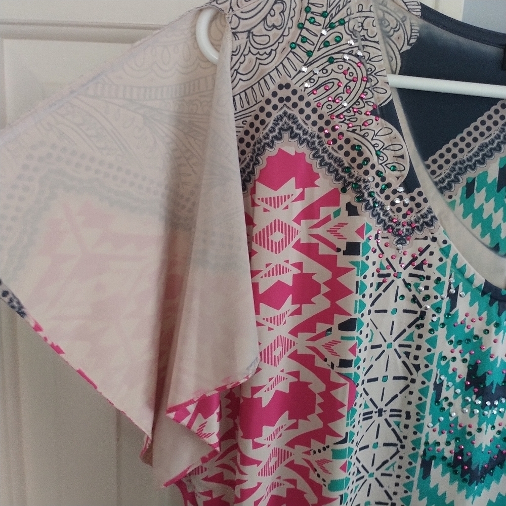 Style & Co Multi Colored V Neck Slit Sleeve Top L - Picture 3 of 10